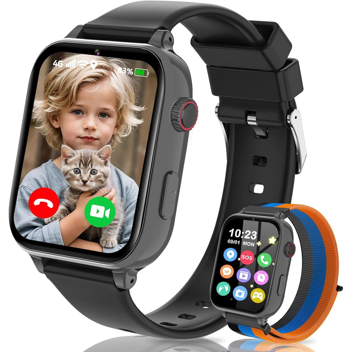 295119 - Orë inteligjente 4G për fëmijë, GPS, Wi-Fi, SOS, Telefon/Thirrje video/Bisedë zanore, Modalitet shkolle, Orë me zile, Pedometër, Lojëra, për djem dhe vajza 4-12 vjeç, e zezë