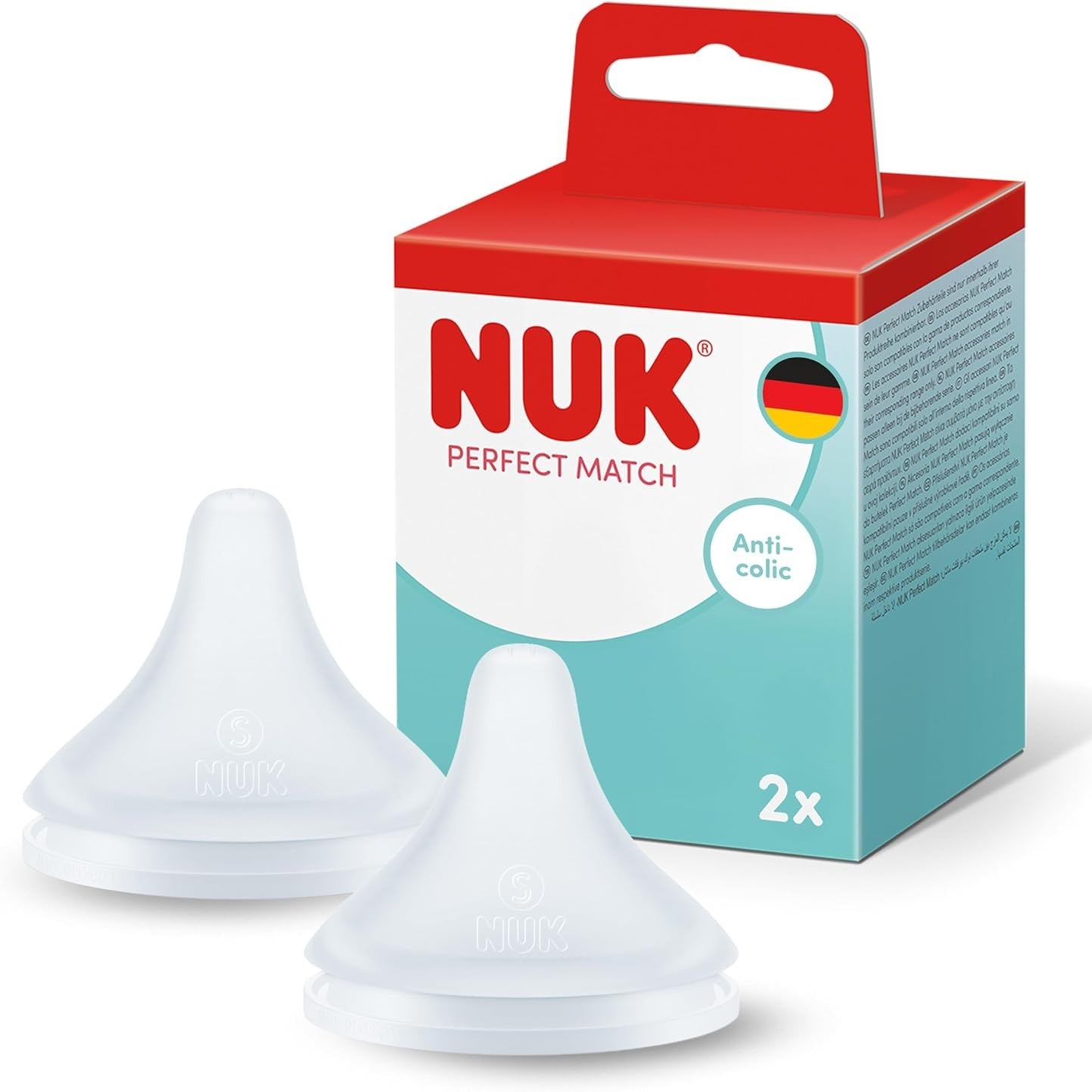 318901 - NUK Thitha shishesh Perfect Match për foshnje | 3+ Muaj | Kundër kolikave | Silikon | Madhësi mesatare | Pako me 2 copë
