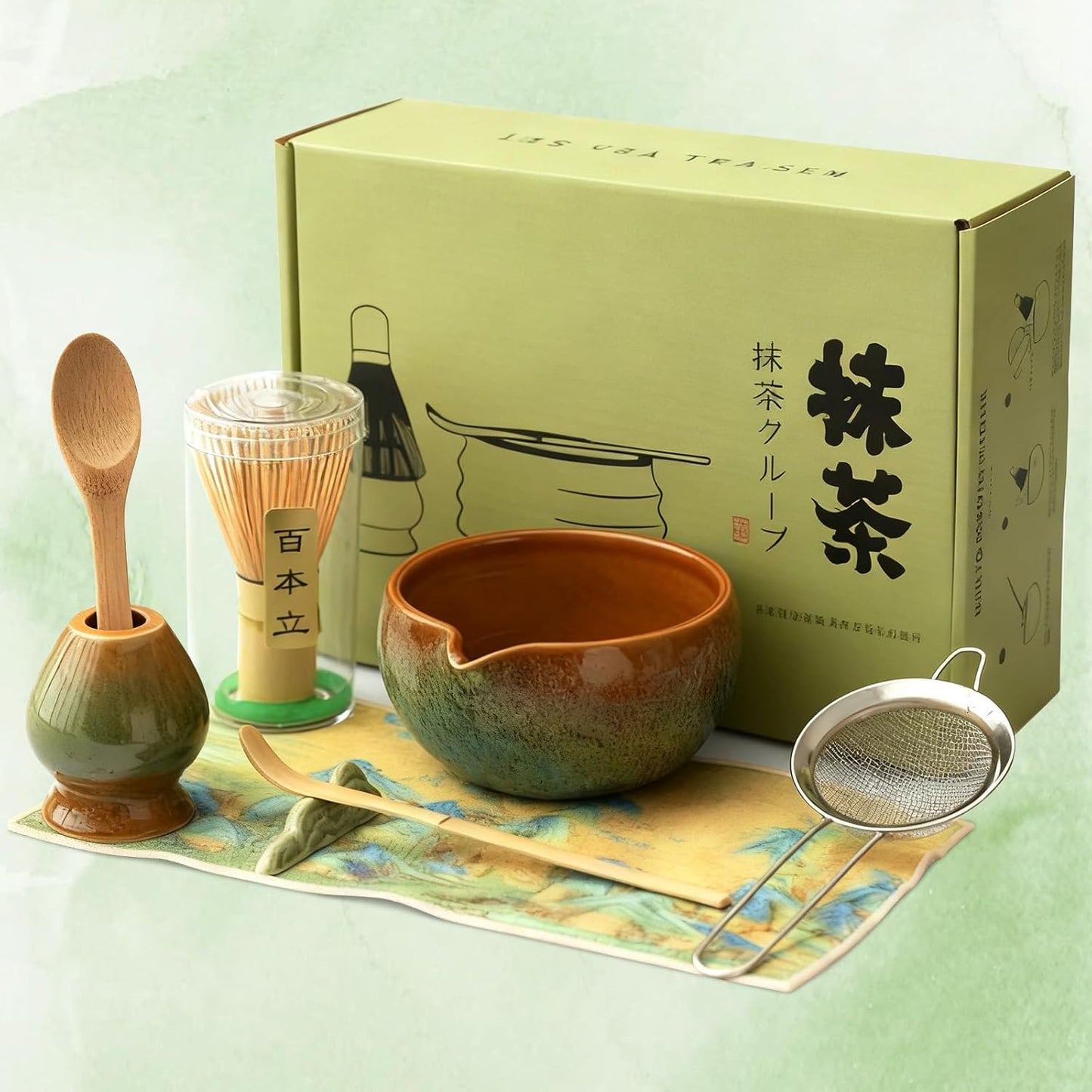 215064 - TOPDÃ‰CORÃ‰ Kit i plotë Matcha - Set tradicional Matcha prej bambuje me rrahëse dore Matcha (Chasen), lugë dhe mbështetëse