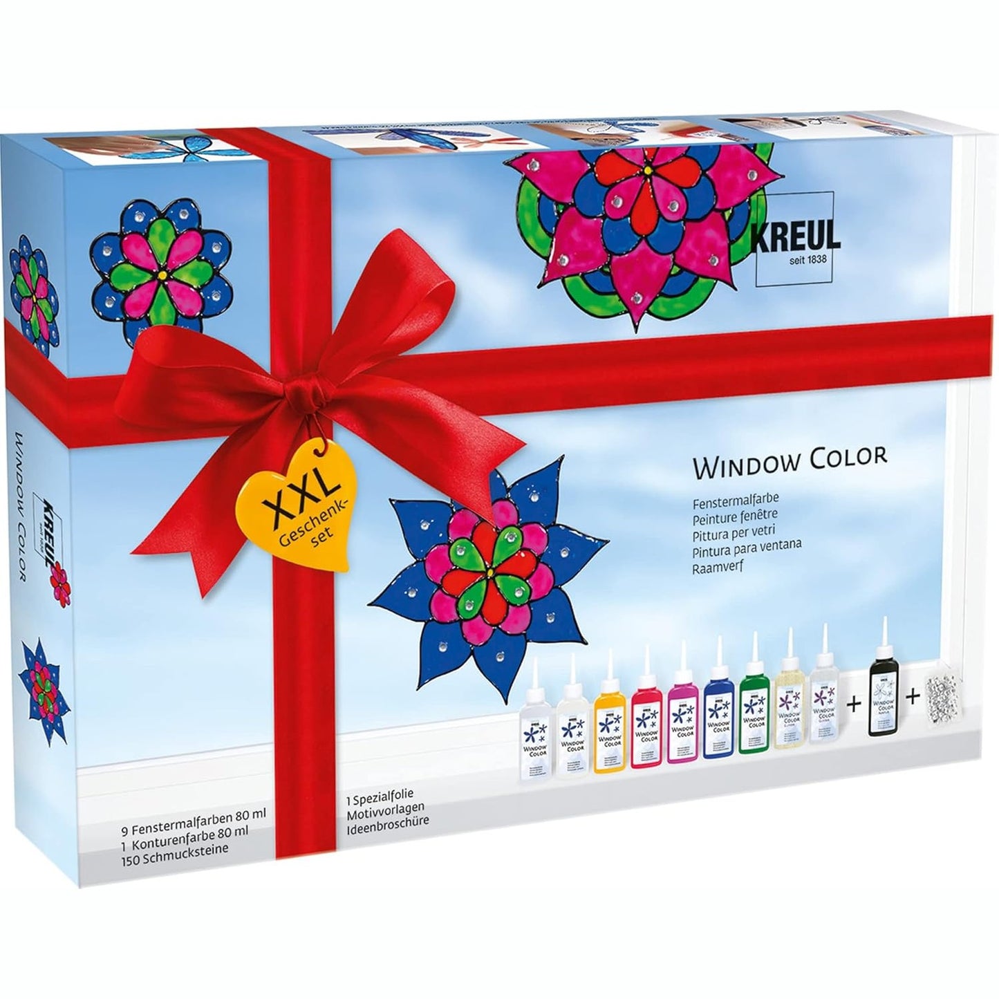 251122 - KREUL 42849 - Set XXL me ngjyra për dritare, 10 x 80 ml ngjyra për dritare, 80 ml bojë konturuese, 150 gurë dekorativë, shabllone me motive lulesh dhe mandalash