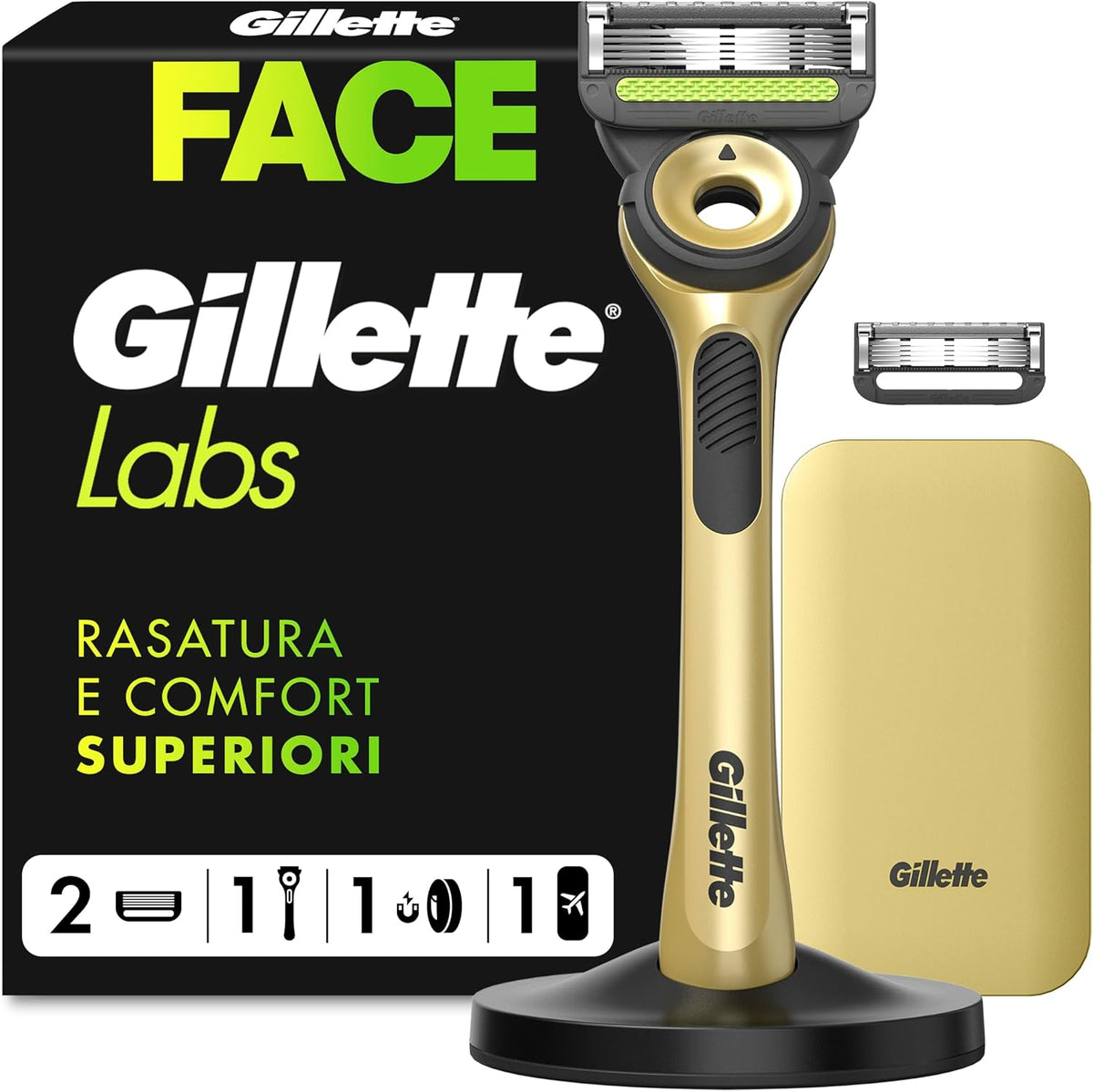 336297 - GILLETTELABS Briskë e drejtë Champion Gold Edition, 1 dorezë, përfshin një bazë magnetike dhe një kuti udhëtimi