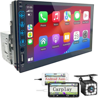 319795 - Radio makine Bluetooth 1 DIN me CarPlay dhe Android Auto, Ekran me prekje HD 7 inç, Mbështetje iOS/Android Mirror Link/Radio FM/USB/EQ, Kamera prapa
