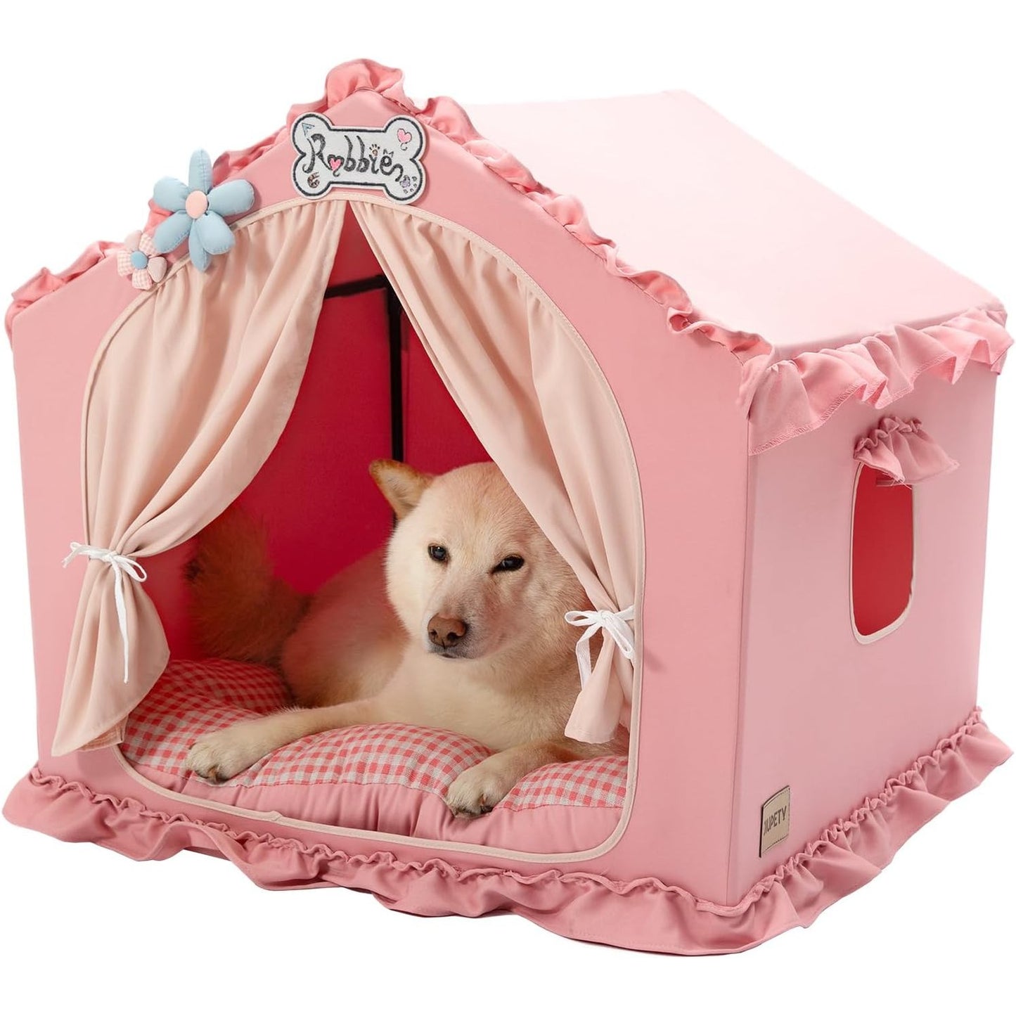221399 - JIUPETY Shpellë/Shtëpi Qeni e Brendshme me Kornizë, e larëshme, tendë e palosshme, për 9-18 kg, madhësi e madhe 64x64x64 cm, rozë