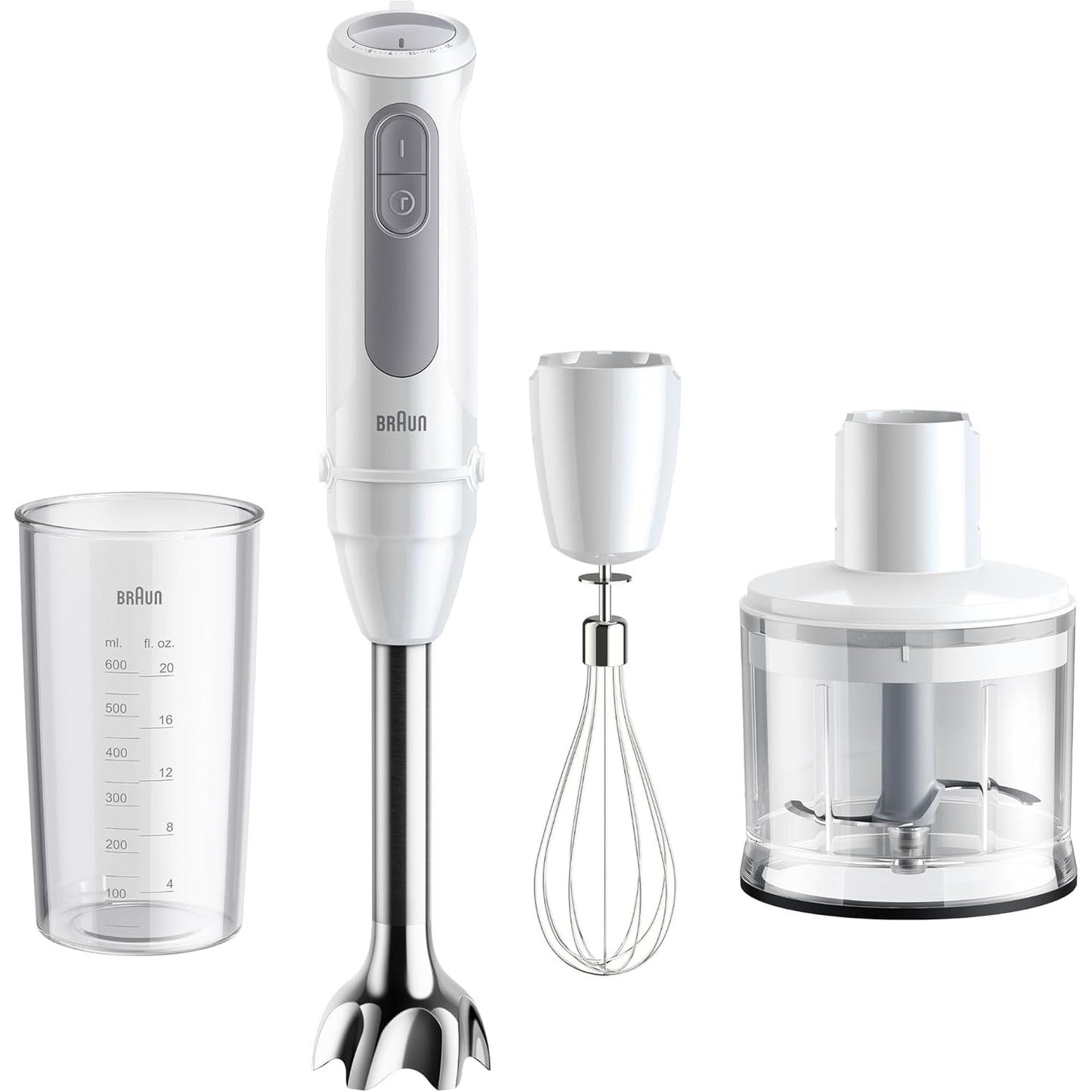 288312 - BRAUN MultiQuick 5 MQ 50236 M Blender dore, 1000W, 21 cilësime shpejtësie + turbo, këmbë përzierjeje prej çeliku inox, përfshin prerës 500ml, rrahëse dore, gotë 600ml, e bardhë