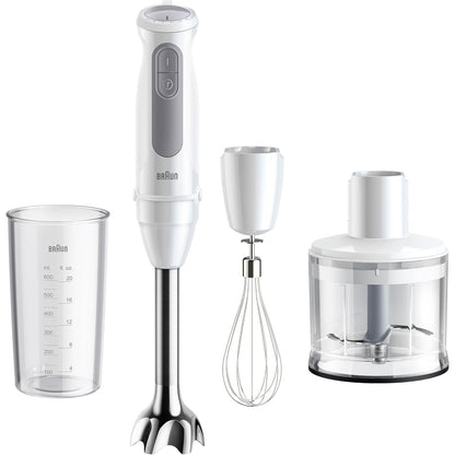 288312 - BRAUN MultiQuick 5 MQ 50236 M Blender dore, 1000W, 21 cilësime shpejtësie + turbo, këmbë përzierjeje prej çeliku inox, përfshin prerës 500ml, rrahëse dore, gotë 600ml, e bardhë