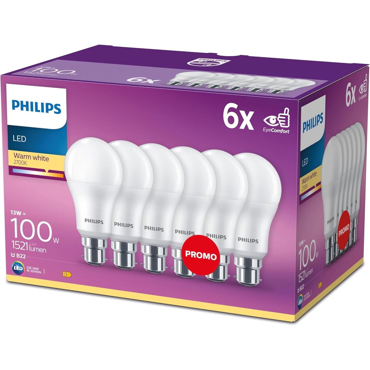 218554 - Philips LED 100W A60 B22, xham mat, pako me 6 pjesë