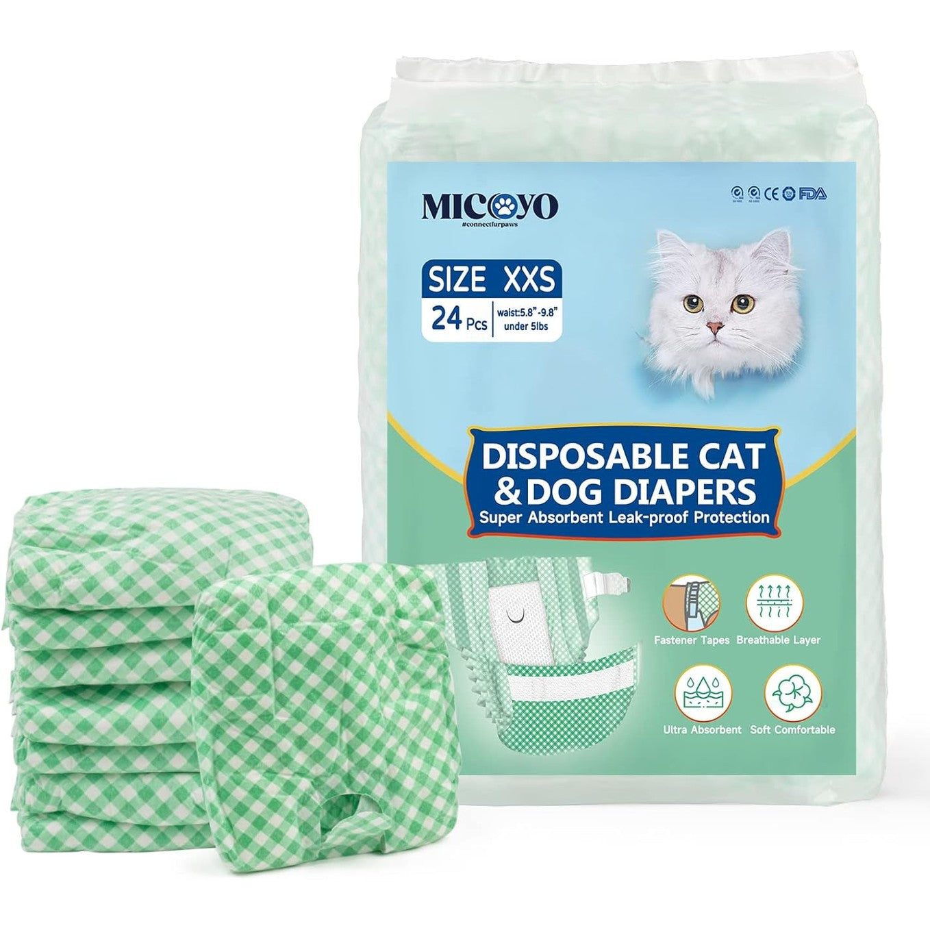 247980 - MICOOYO Pelenë për Qen Femër, Pelenë Super Thithëse për Mace dhe Qen të Vegjël, Pantallona të Njëpërdorshme për Qen në Nxehtësi (XXS, Jeshile)