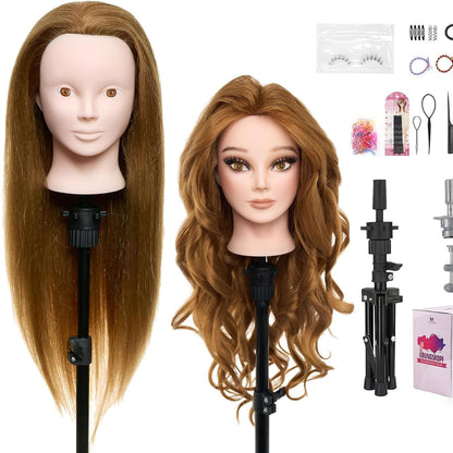 300641 - NEVERLAND Kokë Manekini Profesional 24" me Mbështetëse, 80% Flokë Natyralë, Kokë Grimi, Kokë Stilimi, Kokë Praktike Kozmetologjie me Kapëse Tavoline + Set Gërshetimi