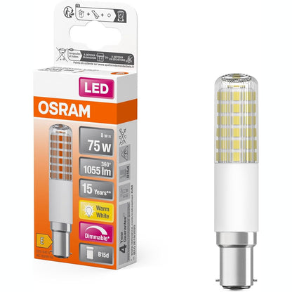 184882 - OSRAM - Llambë LED e Shumëngjyrëshe, Formë T, 8W / 1055 lm, Bazë B15d, E bërë nga Plastika, Dritë e Bardhë e Ngrohtë 2700K, Diametër 18mm, CRI 80, E errësueshme