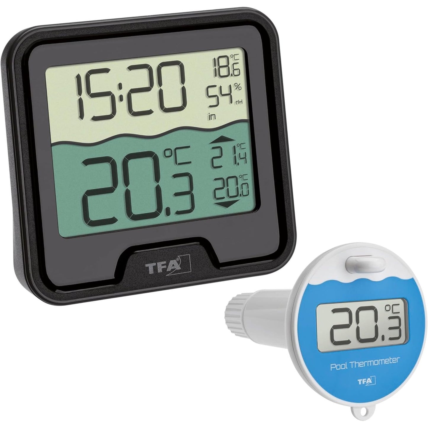 322337 - TFA DOSTMANN Termometër Dixhital Pa Tel për Pishina, model 30.3066.01, lundrues, sensor temperature, orë radio, i lehtë për t’u lexuar, për pishina dhe vaska me akull