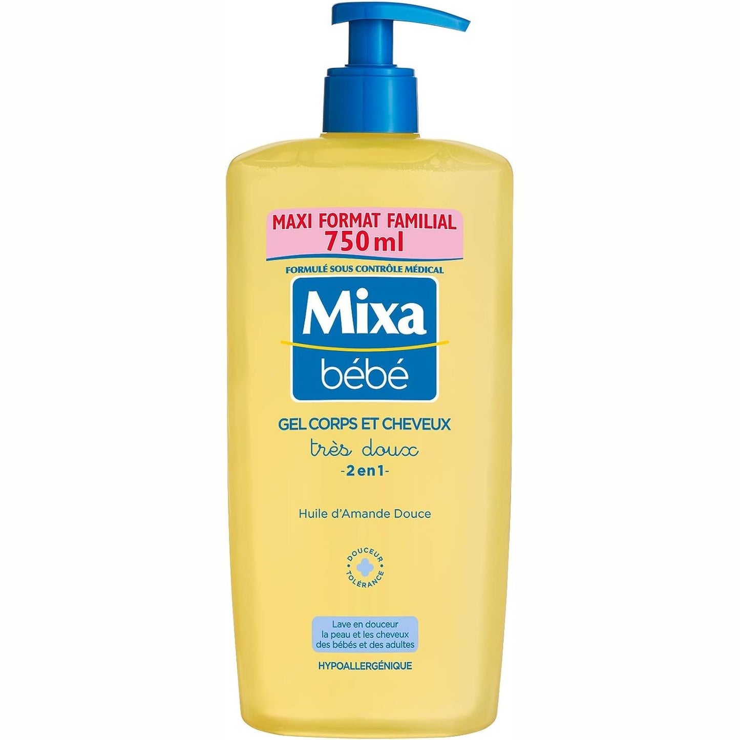 318812 - MIXA BABY XHEL për trupin dhe flokët 2 në 1, 750 ml, me vaj bajamesh, hipoalergjik, pH neutral