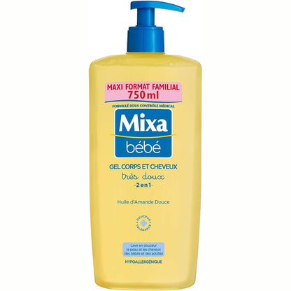 318812 - MIXA BABY XHEL për trupin dhe flokët 2 në 1, 750 ml, me vaj bajamesh, hipoalergjik, pH neutral
