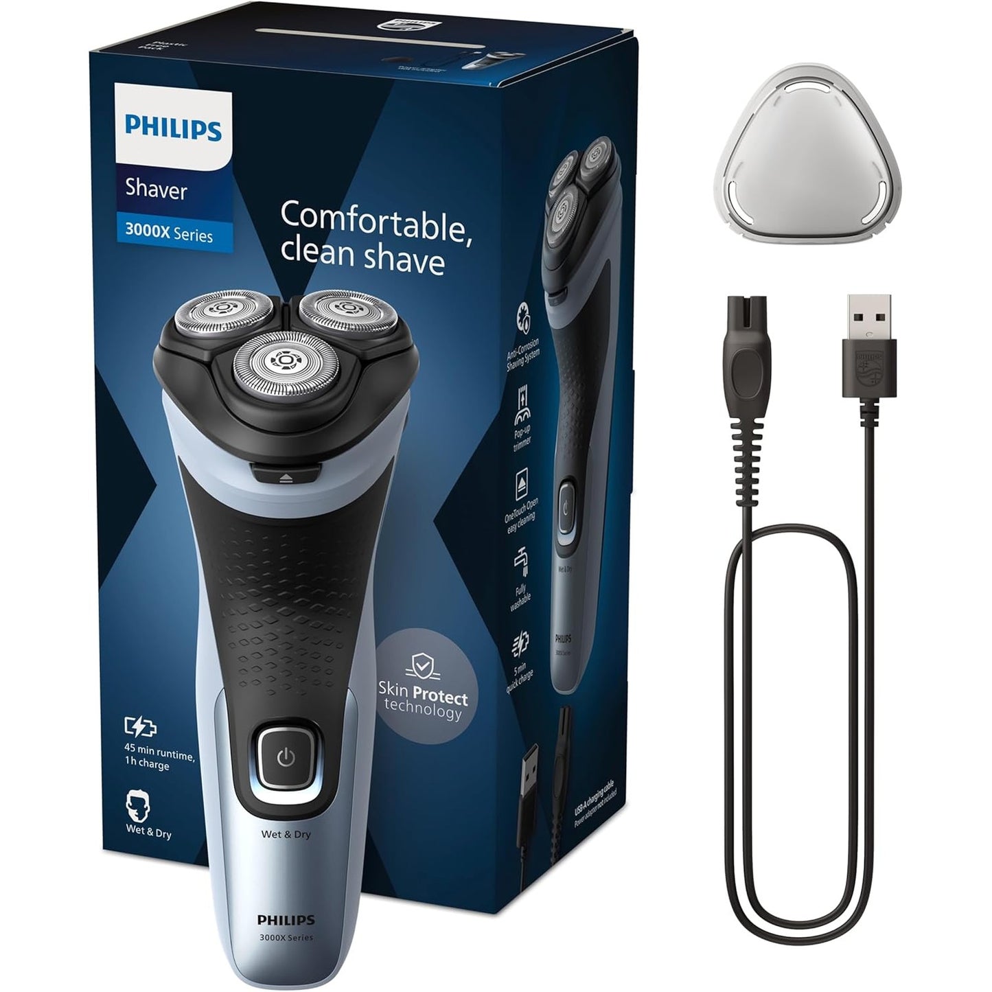 271256 - PHILIPS Rrojtore elektrike 3000x X3053/00, për burra, për flokë të lagur dhe të thatë, ngjyrë blu qielli, teknologji SkinProtect, prerëse që hapet, rrojë ergonomike