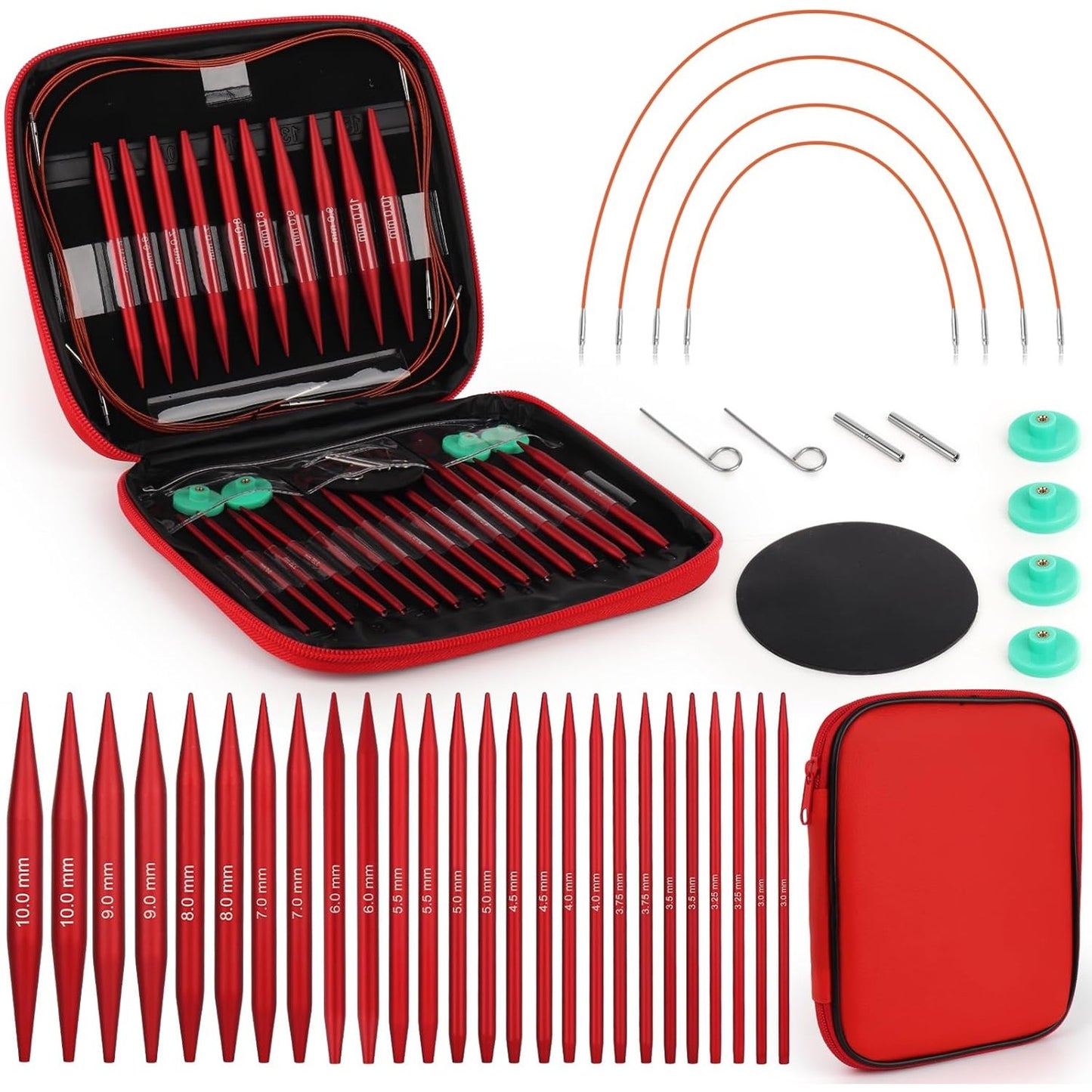 200049 - COOPAY Set Gjilpërash Thurjeje Rrethore të Ndërrueshme 3.0-10.0mm, Alumini, me Qese Ruajtjeje, Madhësi 40cm/60cm/80cm/100cm, e Kuqe Mat