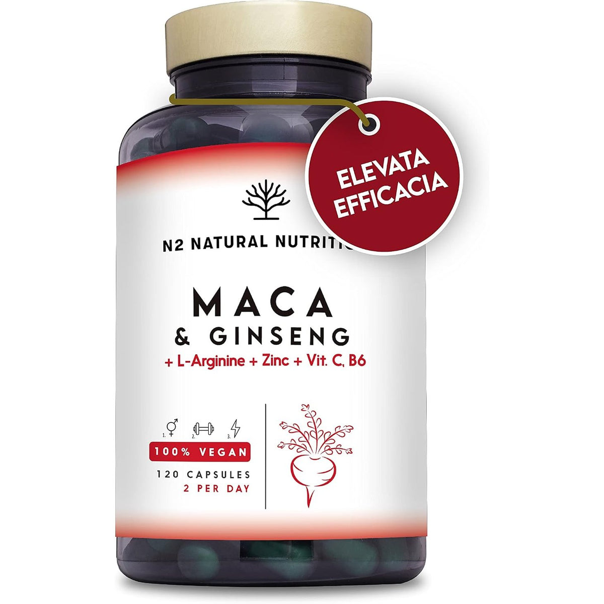 303464 - N2 Kompleks Maca me Xhensen, Argininë, Vitamina dhe Zink - Rregullues Hormonesh, Anti-Stres, Rritës Energjie - 120 Kapsula (Furnizim 60-ditor) - 100% Natyrale - E shënuar me CE