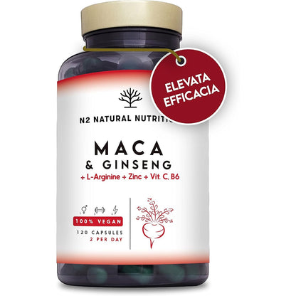 303464 - N2 Kompleks Maca me Xhensen, Argininë, Vitamina dhe Zink - Rregullues Hormonesh, Anti-Stres, Rritës Energjie - 120 Kapsula (Furnizim 60-ditor) - 100% Natyrale - E shënuar me CE