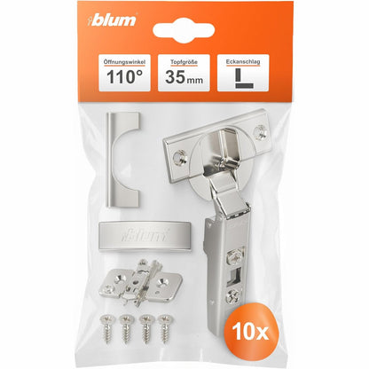 313502 - BLUM Menteshe e sipërme 10x CLIP me ndalesë këndi 35 mm, pa mbyllje të butë, e veshur me nikel