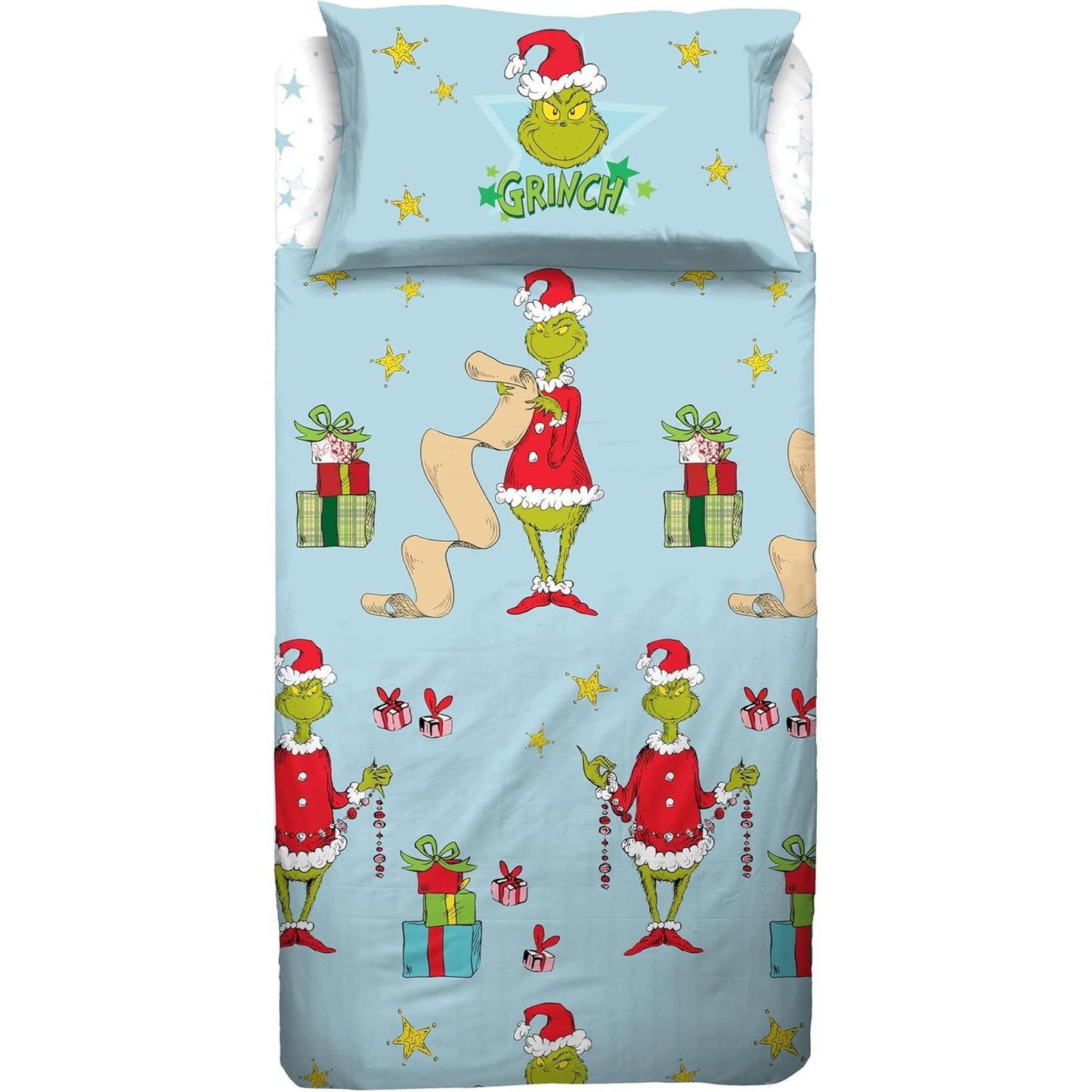 213809 - HERMET Set çarçafësh Grinch për krevat tek, 100% pambuk, çarçaf i sheshtë + çarçaf i montuar + mbulesë jastëku