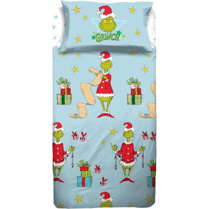 213809 - HERMET Set çarçafësh Grinch për krevat tek, 100% pambuk, çarçaf i sheshtë + çarçaf i montuar + mbulesë jastëku