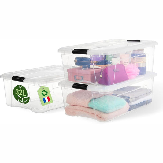 175524 - IRIS OHYAMA, Kuti Ruajtjeje Plastike 32L me Kapak, Set 3 Copësh - E Grumbullueshme, Transparente, Ndërtuar nga 98% Plastikë e Ricikluar, Kapak Mbyllës, me Doreza, Përshtatet për Dhomë Gjumi, Dhomë Zhveshjeje, Zyrë - Pa BPA, Modeli BSB-32
