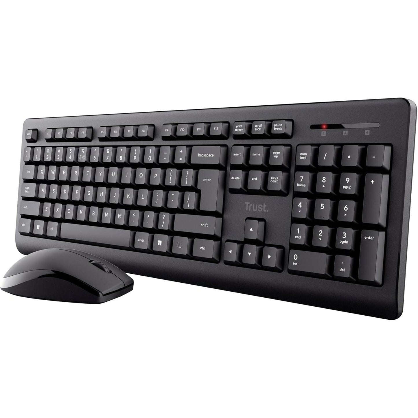 273952 - TRUST Pako tastiere dhe mausi pa tel Primo, paraqitje franceze AZERTY, taste të sheshta, rezistente ndaj derdhjeve, tastierë me tastierë numerike, marrës i vetëm USB, set për laptopë Windows dhe Mac