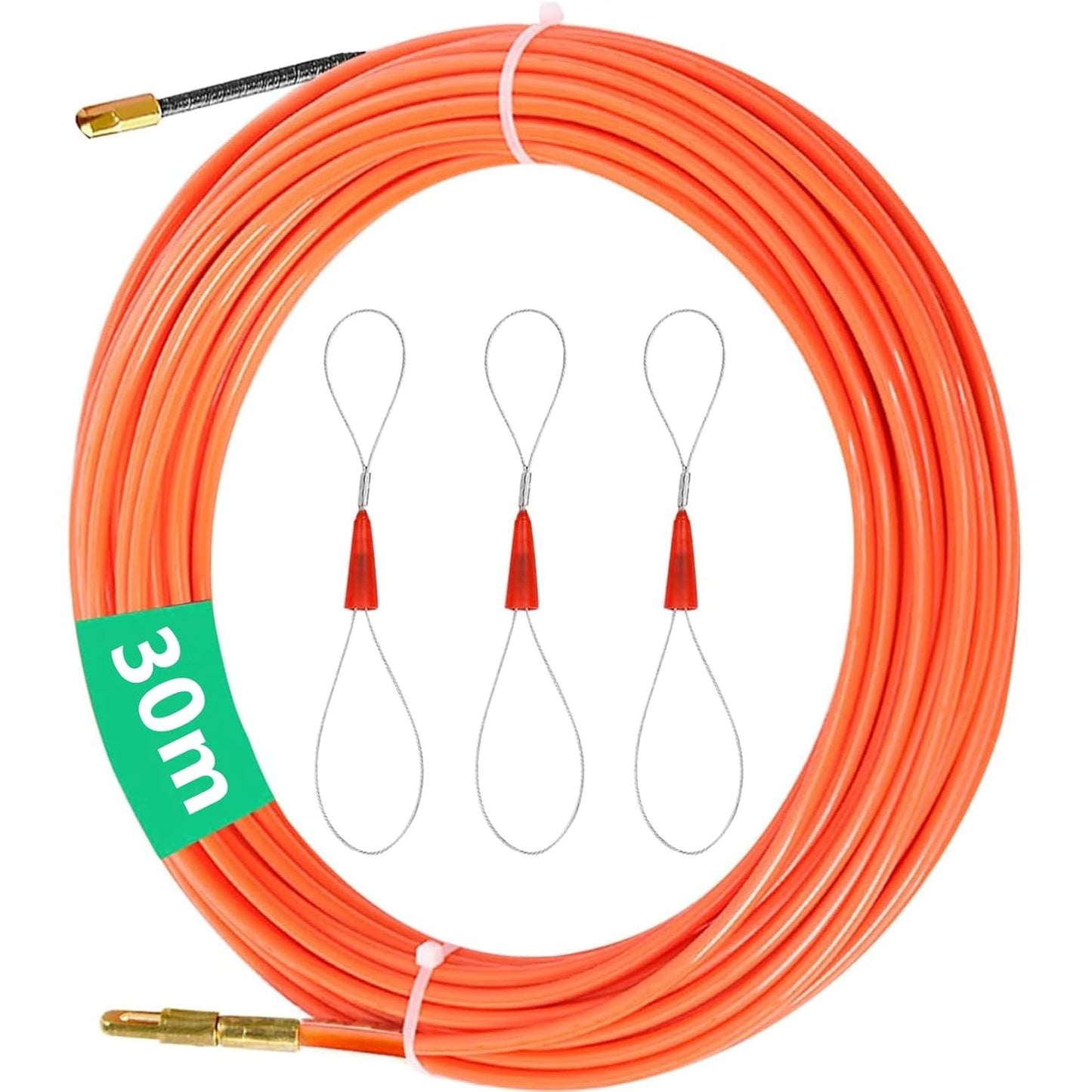 215889 - Udhëzues për tërheqjen e kabllove 30M, Udhëzues profesional për tërheqjen e kabllove, Kit udhëzues kabllosh me diametër 4 mm me 3 susta udhëzuese për tërheqjen, instalimin dhe heqjen e kabllove (Portokalli)