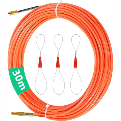 215889 - Udhëzues për tërheqjen e kabllove 30M, Udhëzues profesional për tërheqjen e kabllove, Kit udhëzues kabllosh me diametër 4 mm me 3 susta udhëzuese për tërheqjen, instalimin dhe heqjen e kabllove (Portokalli)