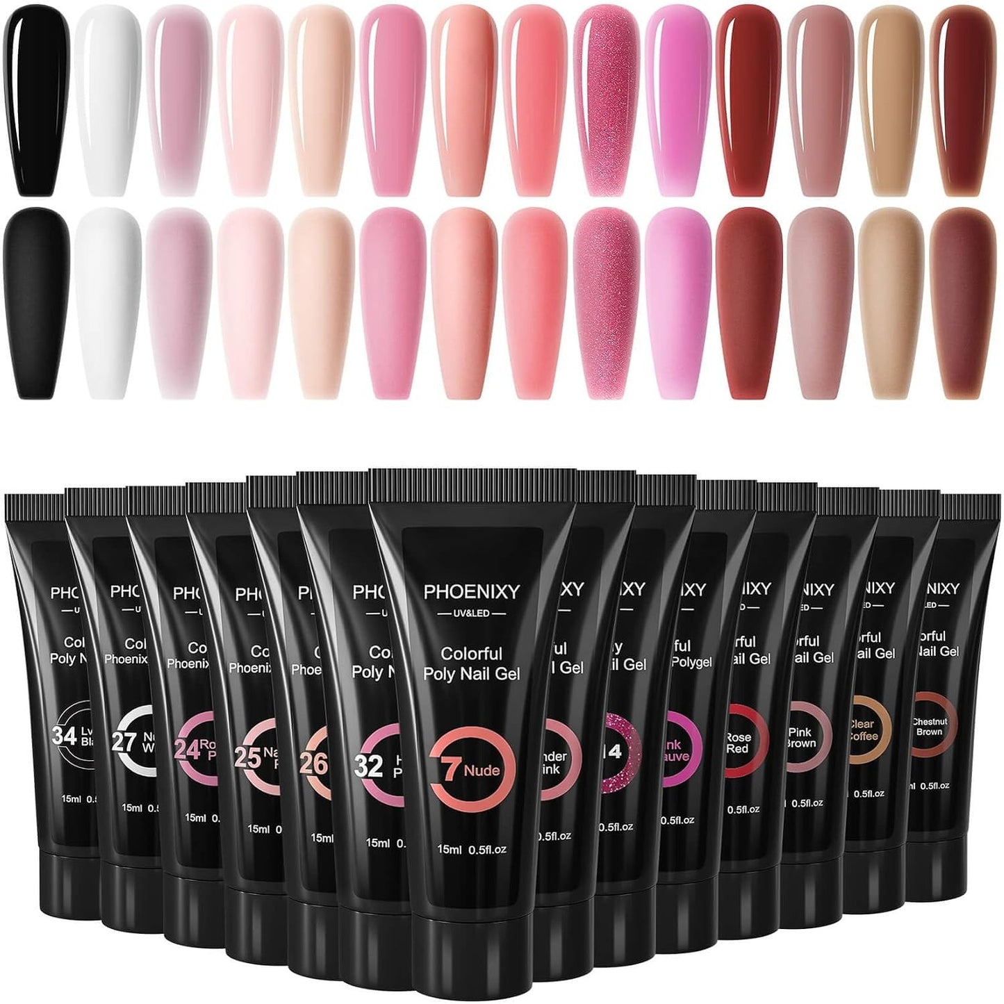 316773 - PHOENIXY Set xheli për thonj, 14 ngjyra, 15 ml, për zgjatje thonjsh, dhuratë për gra, i zi, i bardhë, nudo, rozë