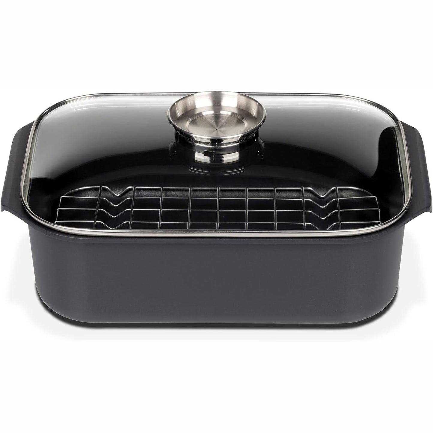 208314 - GSW GOURMET Tavë Drejtkëndëshe Pjekjeje me Kapak Qelqi Aromatik dhe Futje Skare, Alumin i Derdhur, i Pajtueshëm me Induksion, i Zi, 40 x 26 x 11cm