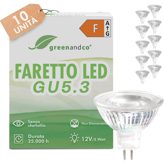 205310 - GREEDCO Dritë LED COB 10x MR16 GU5.3, 5W 430 lm, 38°, Zëvendëson 40W, E Bardhë e Ngrohtë 3000K, Pa Dridhje, 12V AC/DC, Pa Errësim