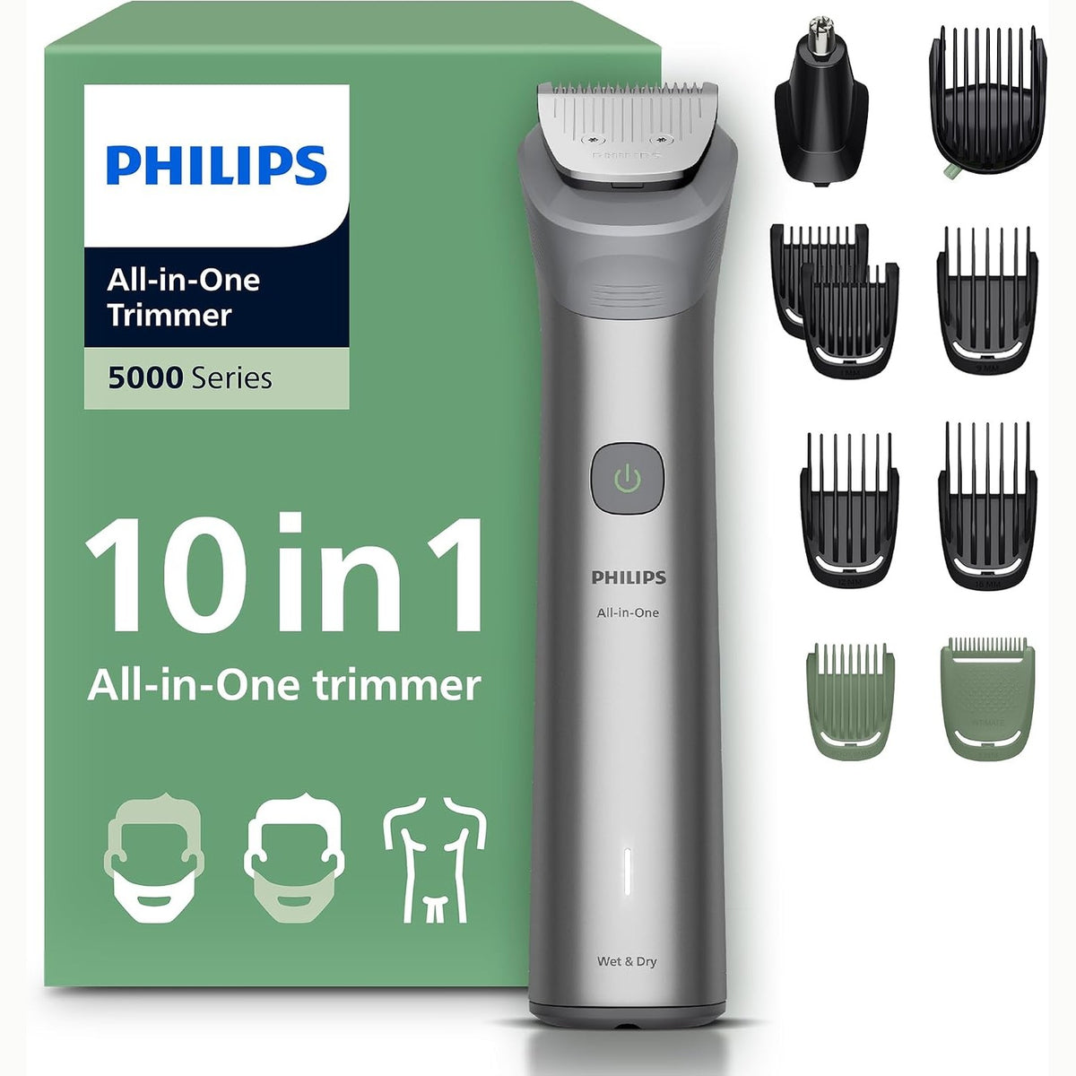 311137 - PHILIPS Prerëse gjithçka-në-një Multigroom Series 5000 10-në-1 - Prerëse për mjekër, flokë dhe trup, tehe metalike vetëmprehëse, 11 cilësime gjatësie (0.5-16 mm), MG5918/15