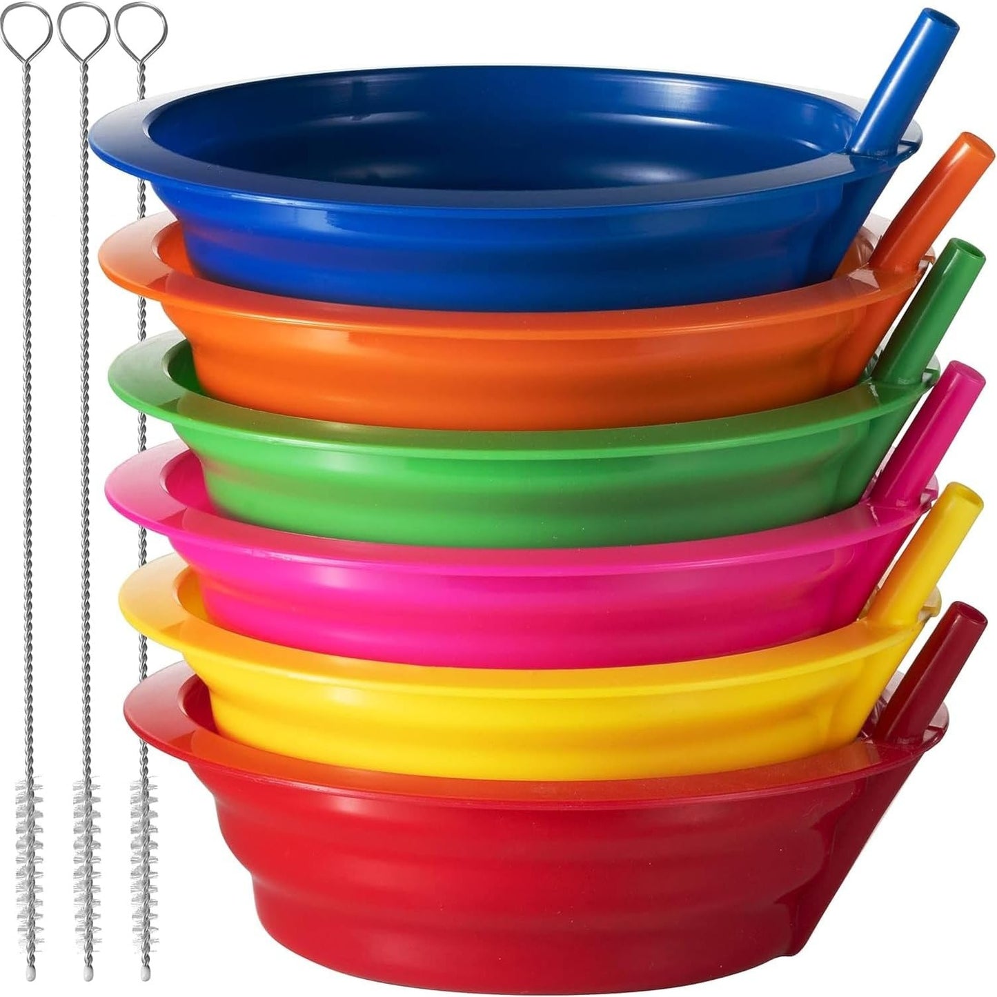 219647 - Tasa drithërash për fëmijë me pipa, 6 tasa supe 592 ml, plastikë pa BPA, të sigurta për lavastovilje dhe mikrovalë, 3 furça pastrimi