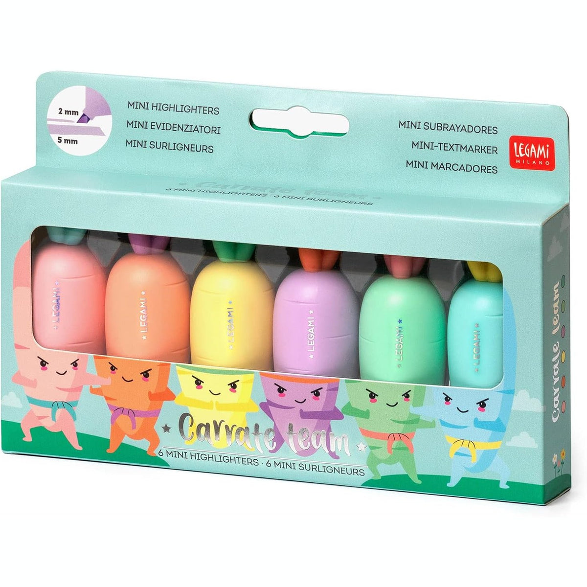 296436 - LEGAMI - Set me 6 Mini Shënues HC0001, Shënues në Formë Karrote, Bojëra me Bazë Uji, Ngjyra Pastel, Tharje e Shpejtë
