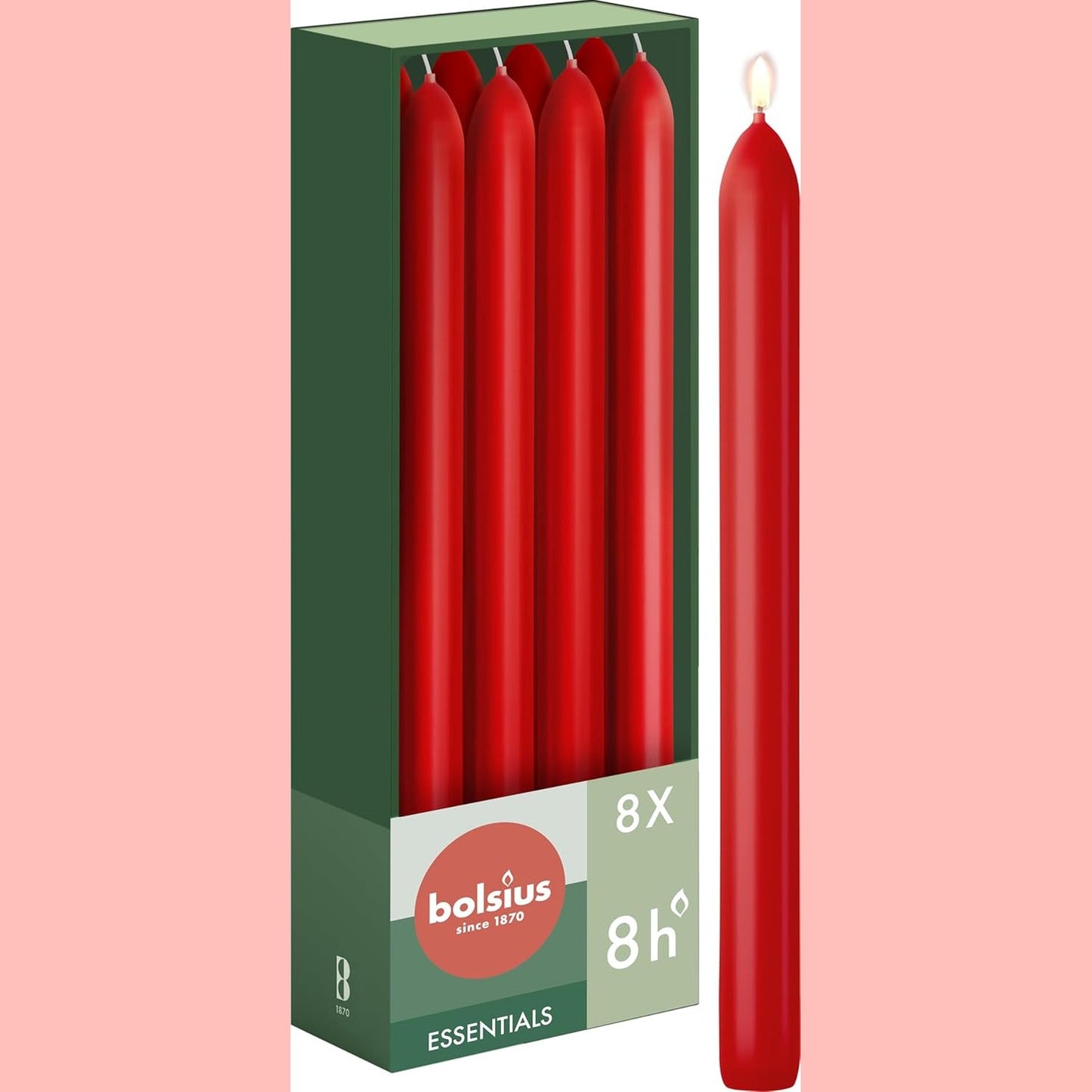 225285 - BOLSIUS QIRINJ SMOOTH TAPER TË KUQ, 8 COPË PËR KUTI, 24 CM, KOHA E DJEGIES 8 ORË, PA AROMË, DYLL NATYRAL BIMOR, PA VAJ PALME