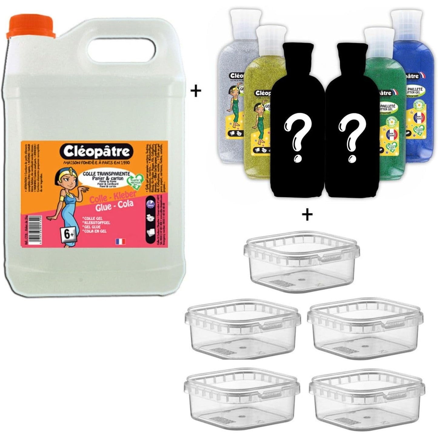 267004 - CLÉOPATRE Set Ngjitës Transparent 2kg + 6 Tuba me Shkëlqim + 5 Kuti Ruajtjeje - Pa Tretës, Pastron me Ujë - Nga 6 Vjeç