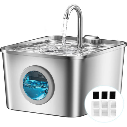251425 - Shatërvan Uji për Mace Çelik Inox 2.6L, Stil Rubineti, Filtrim i Katërfishtë, LED, i Lehtë për t’u Pastruar
