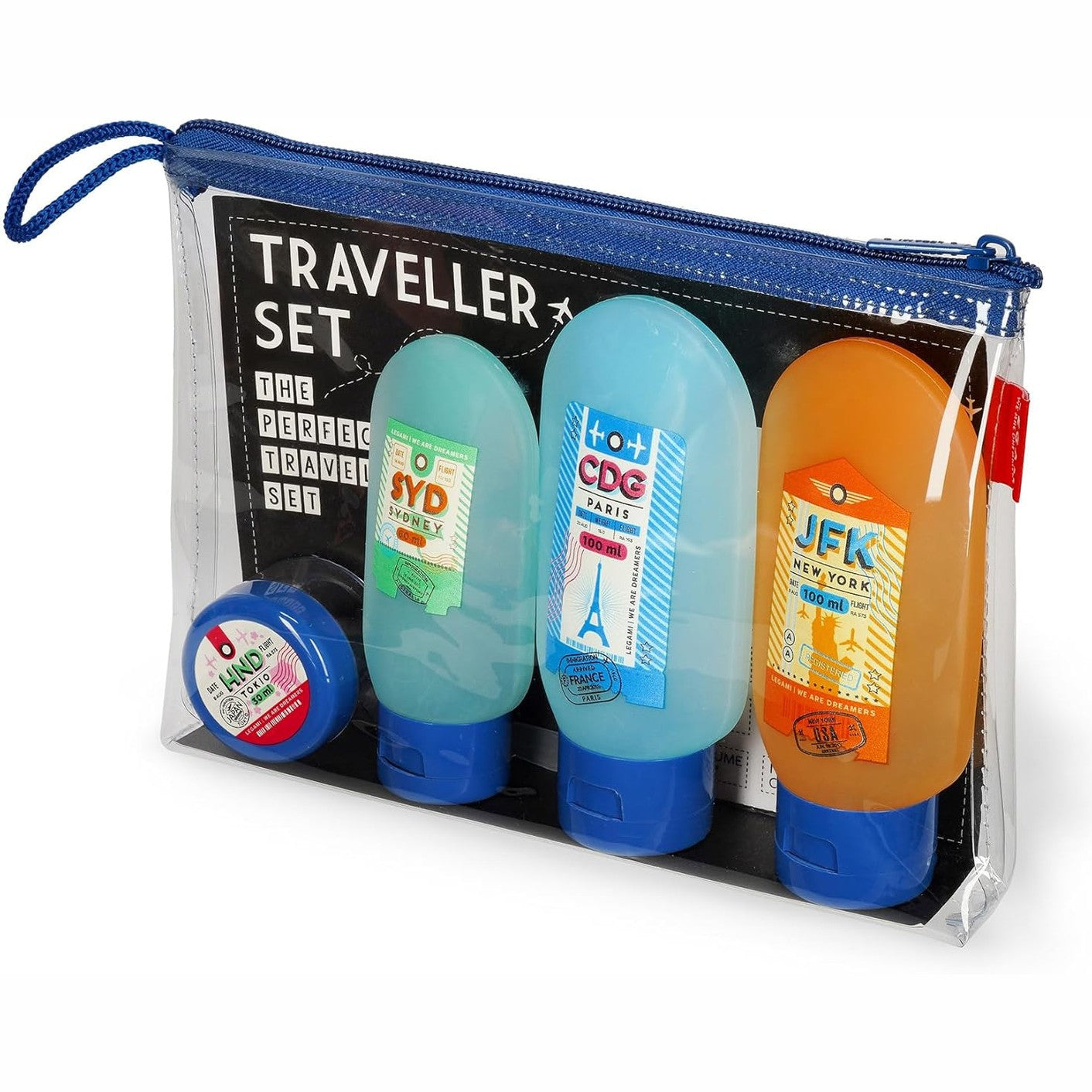 242533 - LEGAMI Set Udhëtimi me 3 Shishe (2x100 ml dhe 1x60 ml), 1 Spatul dhe 1 Kavanoz (30 ml), në përputhje me Rregulloret e Aeroportit, Etiketa të Lëvizshme, Rezistent ndaj Ujit