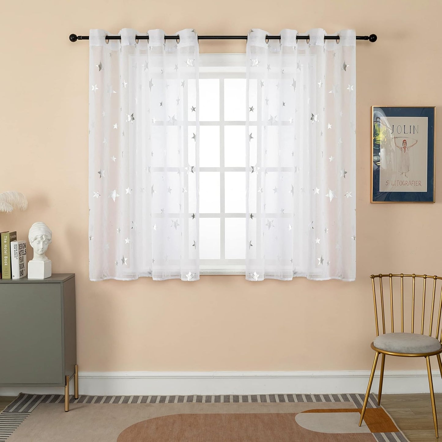 250803 - GIRASOLE HOME® 1 palë perde voile me filtër yjesh argjendi, të bardha, 2 panele, 140 x 145 cm