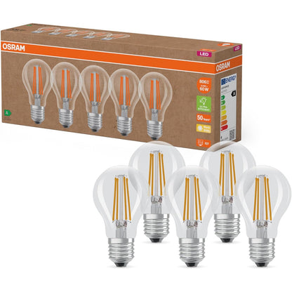 197484 - OSRAM LED Llambat me Efikasitet të lartë, Klasa e Energjisë A, Pako 5 Copë, Zëvendëson 60W, Ngjyra e Bardhë e Ngrohtë (2700K), E27, Xham i Filamentuar, Transparente