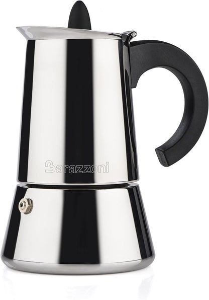 261010 - BARAZZONI Caffettiera Inox 4 Filxhanë, e çertifikuar nga Akademia Italiane e Mjeshtrave të Kafesë, e përshtatshme për induksion