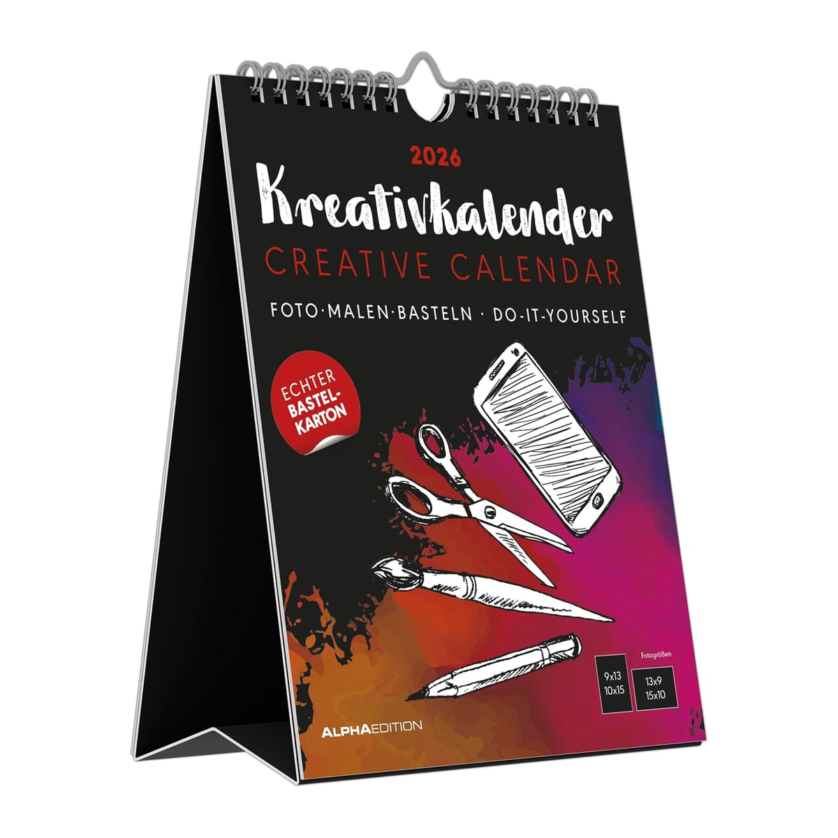 295441 - ALFA Edicioni - Kalendar Kreativ me Ekran Tavoline, i Zi 2026, 16×20 cm, për t’u vendosur në këmbë dhe për t’u varur