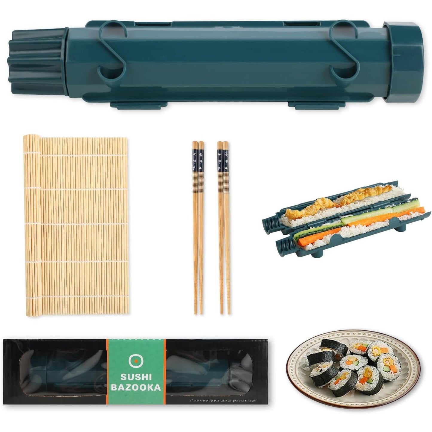 216510 - LUXECOVE Set Sushi me 4 pjesë, Makinë Shumëfunksionale Sushi, e përshtatshme për të bërë topa orizi, Bazooka me topa orizi, Set për fillestarë