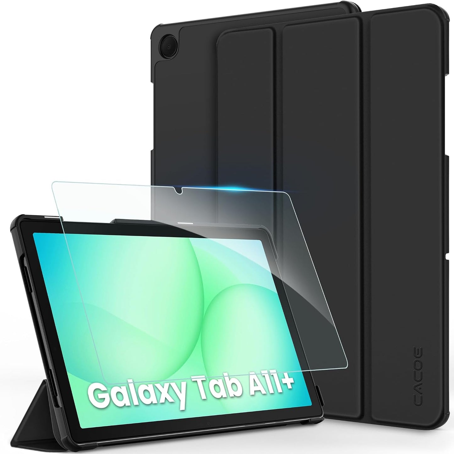 320230 - CACOE Mbrojtëse e pajtueshme me Samsung Galaxy Tab A11+ Plus 2025/ A9+ Plus 11 inç, Mbrojtëse e hollë me xham të temperuar dhe funksion mbështetëse, e zezë