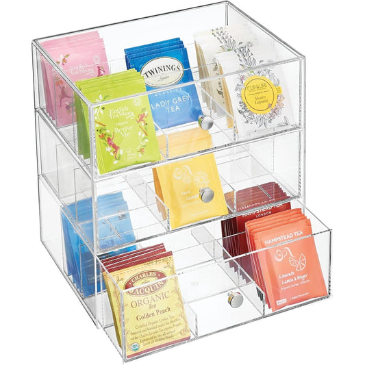 163363 - MDESIGN Mbajtëse me 3 Sirtarë për Qese Çaji, Erëza, Kapsula Kafeje - Dollap Kuzhine Praktik Plastik - Transparent