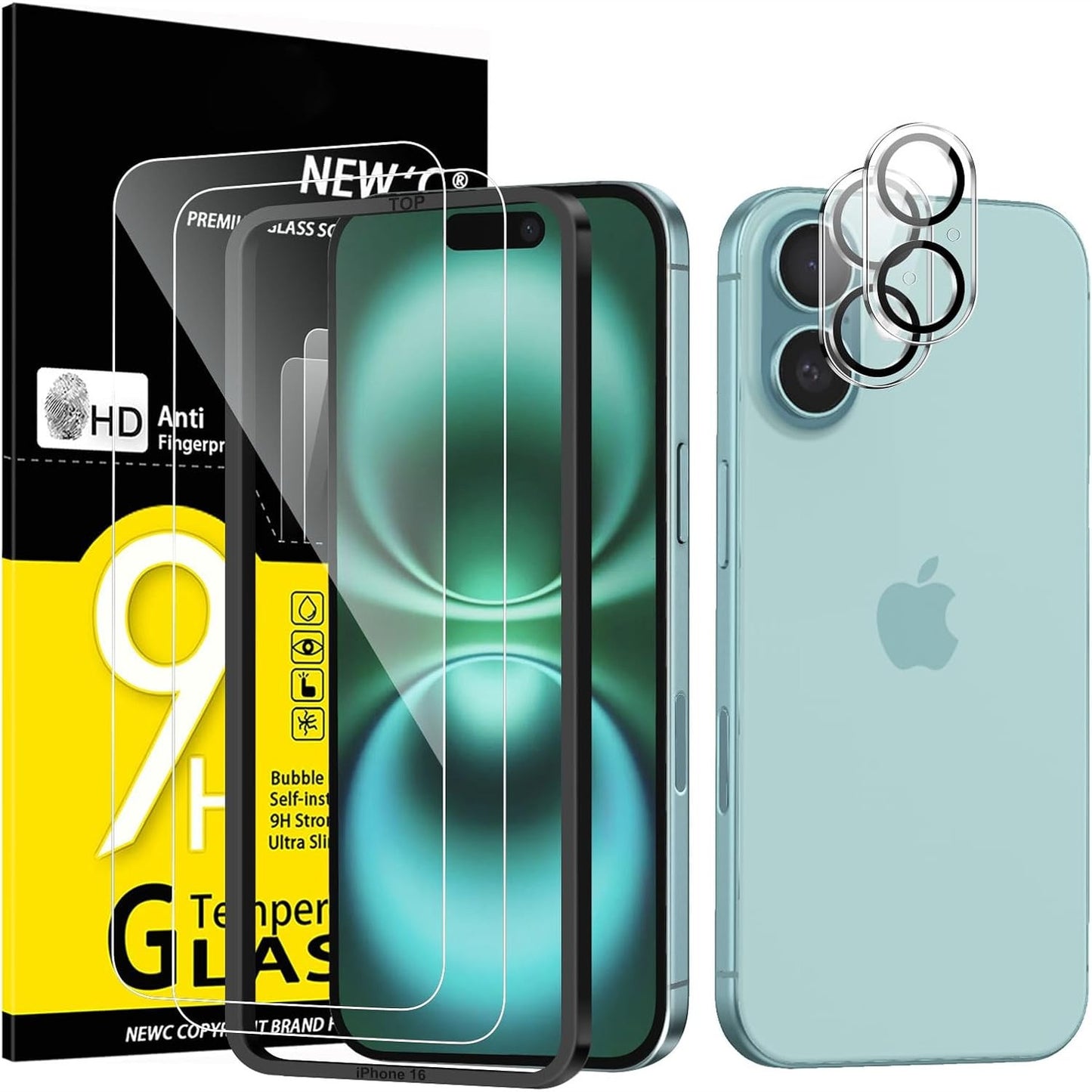 274435 - NEW'C Kit me 4 pjesë: 2 x Mbrojtës Ekrani prej Xhami të Temperuar për iPhone 16 (6.1 inç) dhe 2 x Mbrojtës Kamere të Pasme - Ultra Rezistente - Xham me Fortësi 9H