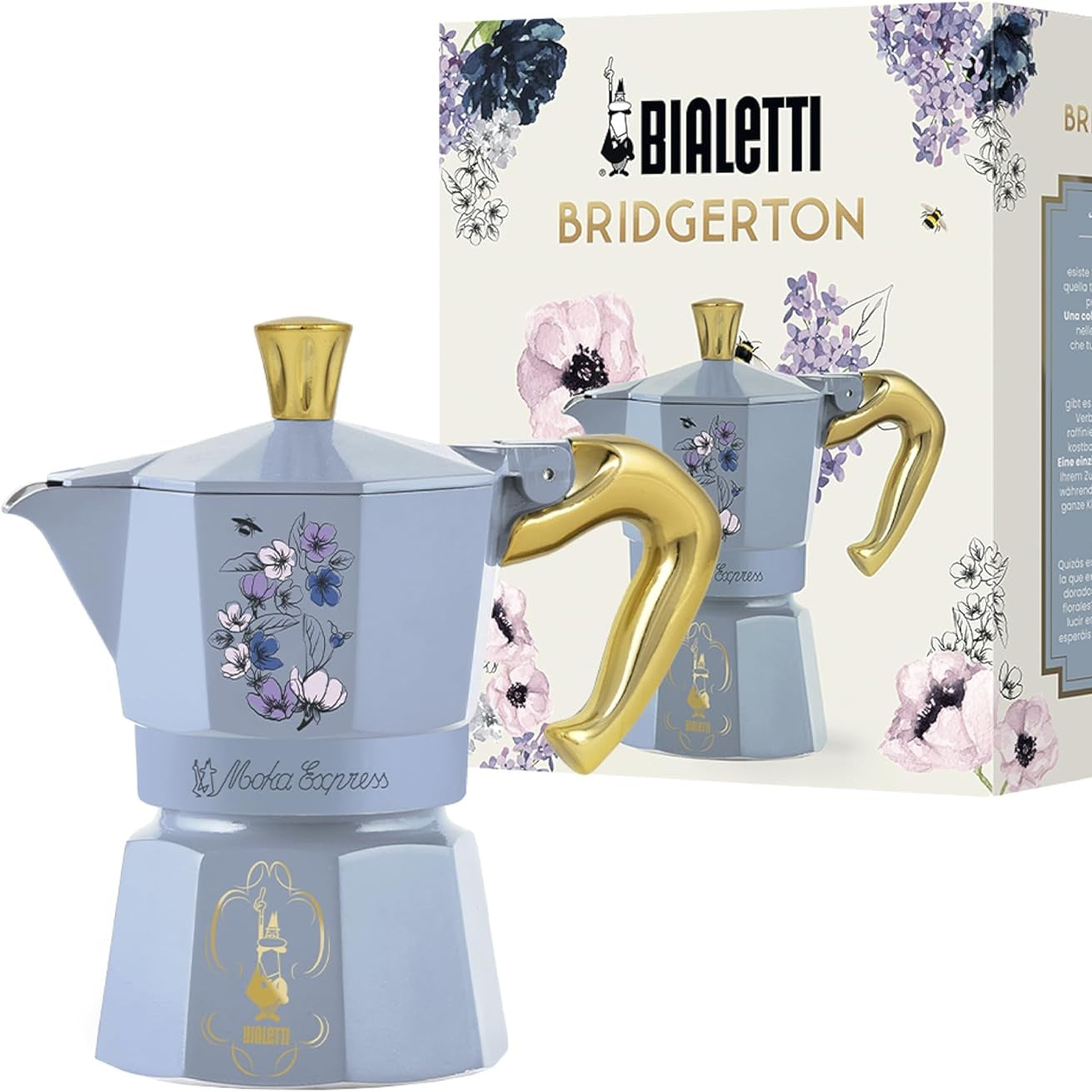 183611 - BIALETTI Makinë Kafeje Moka Express Bridgerton, Alumini, Blu Qielli, Kapacitet 3 Filxhanë (130 ml), me Dorezë Mbrojtëse Nga Djegia, Jo e Përshtatshme për Soba me Induksion