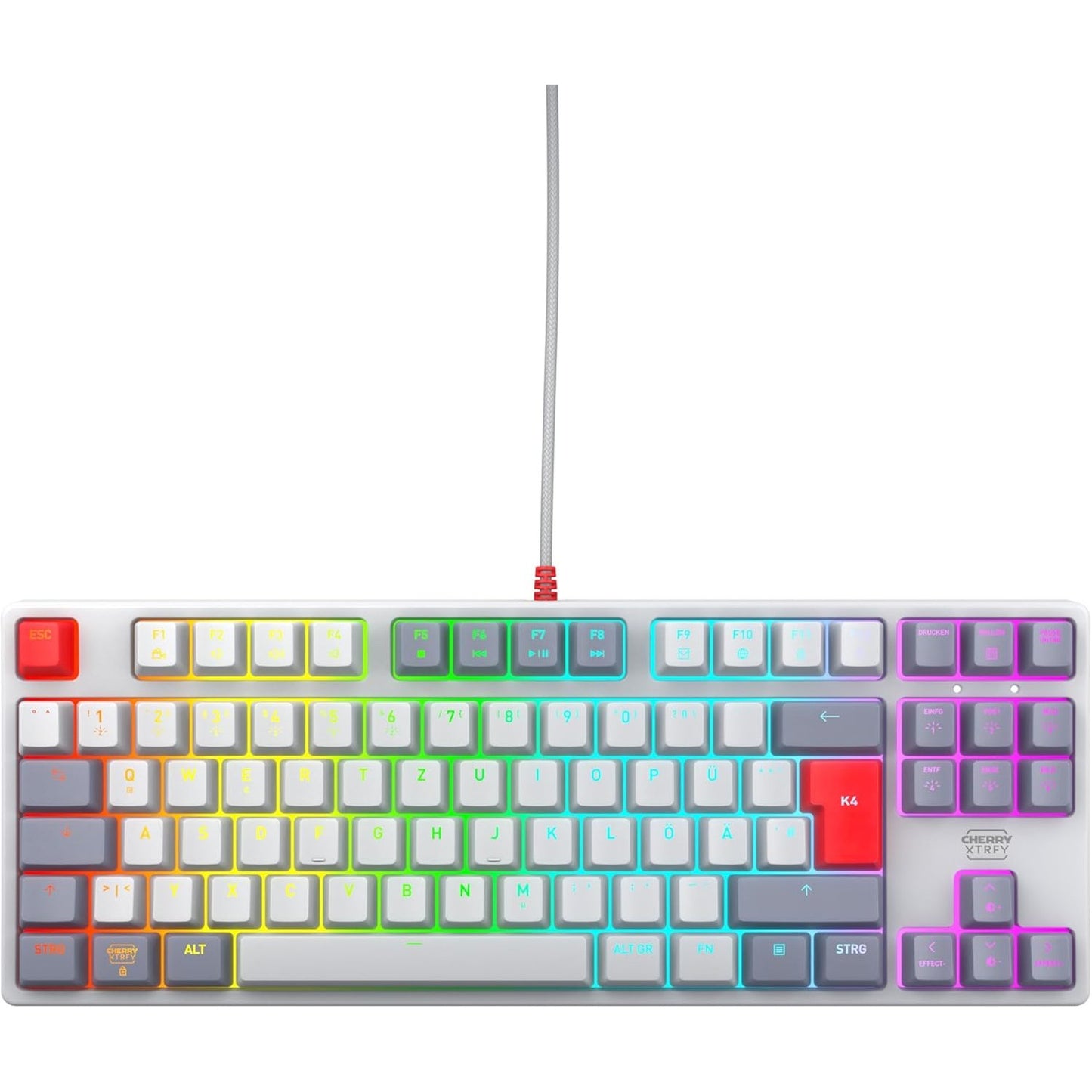 272908 - CHERRY XTRFY K4V2 Tastierë Lojërash me Tel, Paraqitje Gjermane (QWERTZ), Ndriçim RGB, Çelësa Mekanikë MX2A të Kuq