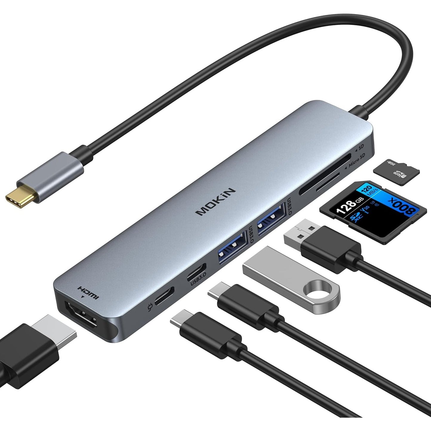 274037 - MOKiN Hub USB-C 7-në-1 për MacBook Pro/Air, HDMI, 2 x USB 3.0, PD, SD/microSD, për iPad, Lenovo Dell XPS