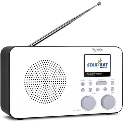 295628 - TECHNISAT TechniSat VIOLA 2 C IR - radio interneti portative (DAB+, FM, WLAN, ekran me ngjyra 2.4 inç, prizë për kufje, orë me zile, kohëmatës gjumi, 3 vat RMS, bateri, adaptor rryme) E bardhë