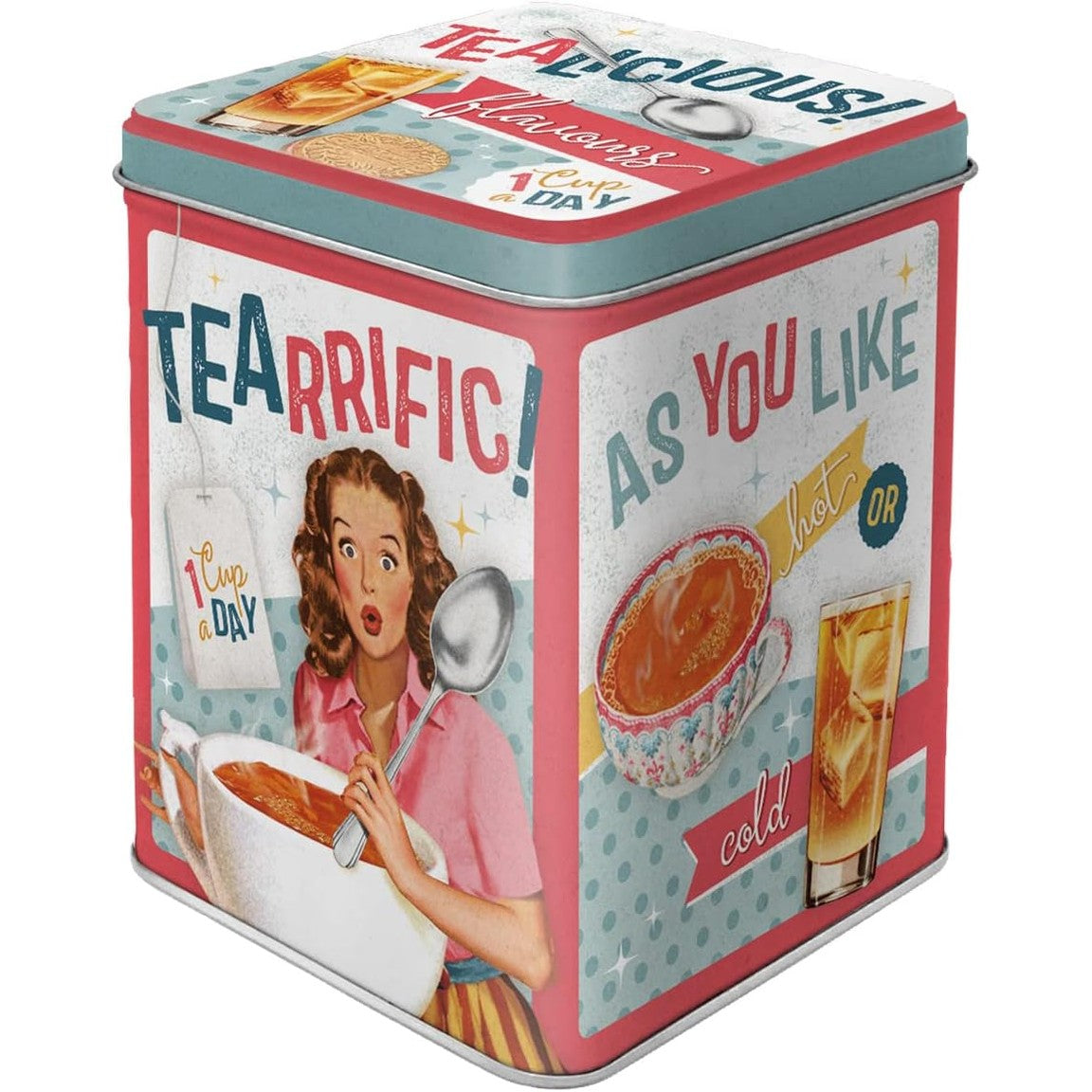 258205 - Kuti çaji retro Tealicious & Tearific, dizajn vintage, për gjethe të lira dhe qese çaji, kapacitet: 100g